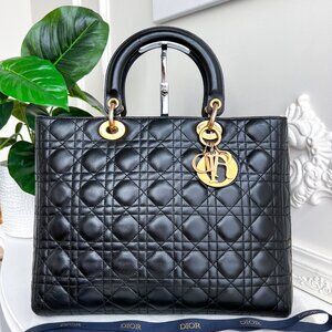 Authentic Christian  Dior Lady Dior Black Leather Cannage MA-1001 B0892